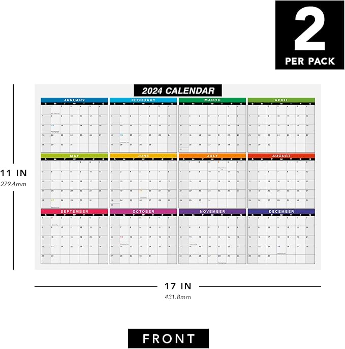 2024 Full Desk Calendar - 11" x 17” Large Size 12 Month Planner - 2 Sided Vertical/Horizontal Reversible - Printed on Thick and Durable 80lb Cover (216 GSM) Cardstock - Easy to Write On - 2 Per Pack