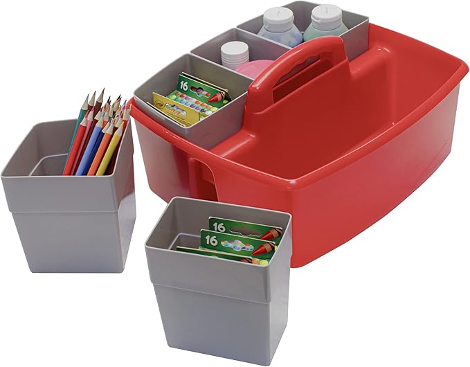 Storex Large Classroom Caddy with Cups, 13 x 11 x 6.575 Inches, Red, Case of 2 (00981U02C) (Pack of 2)