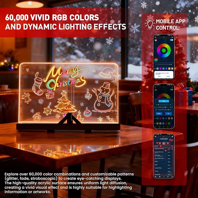 LED Note Board with Colors,14''x10'' Acrylic Led Drawing Board with 12 Markers,Dry Erase Boards Music Sync&Flash Modes,Dimmable Brightness for Cafe/Bar/Home/Party Deco