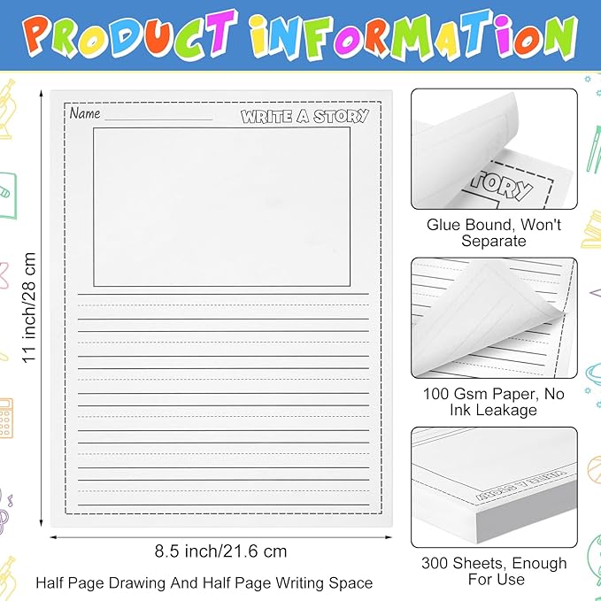 300 Sheets Writing Beginner Paper for Kids Create Story, 8.5"x11" Handwriting Paper Bulk with Picture Space and Lines DIY Craft Writing Kit for Kids Journal Activity, Easter Gifts