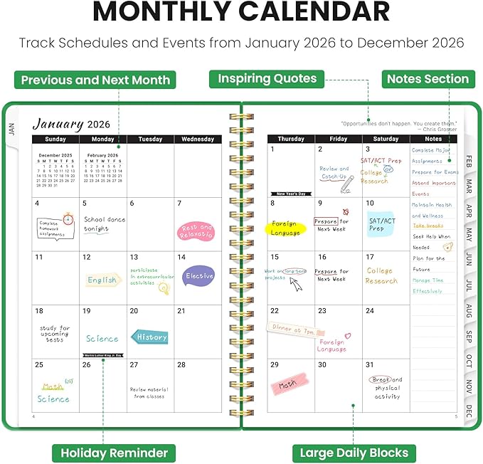 2026 Planner, Weekly and Monthly Planner for Women, January 2026 - December 2026, Hardcover 2026 Calendar Planner Book with Tabs, Inner Pocket, Spiral Bound, Perfect for Office Home School Supplies - A4 (8.5" x 11"), Racing Green