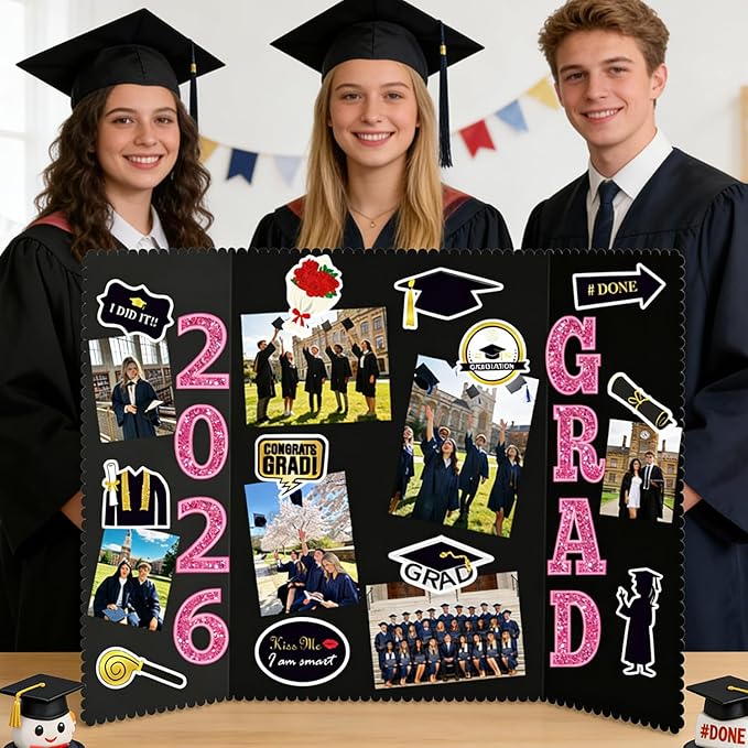 Graduation Photo Display Board - 4 Set Trifold Poster Board for Graduation Party, Pink Folding Picture Presentation Frame for Multiple Pictures Table Decor (24x16 Inches)