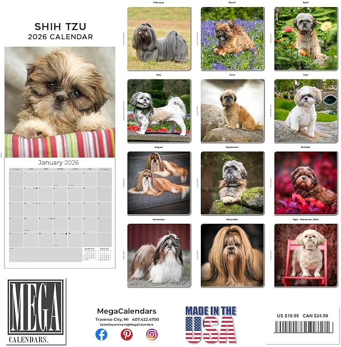 Shih Tzu Calendar 2026 by MegaCalendars – Monthly Dog Breed Wall Calendar, Made in USA