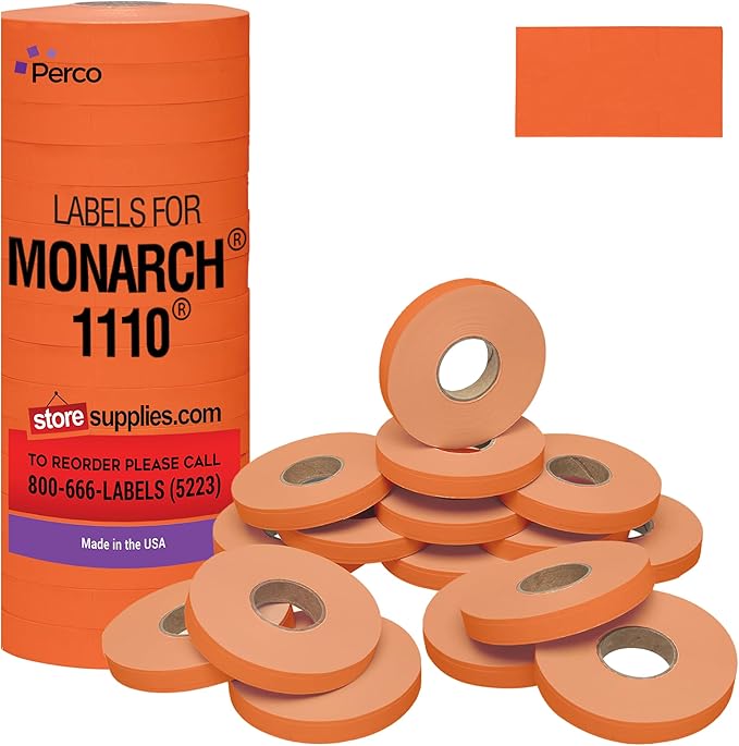 Fluorescent Red Pricing Labels for Monarch 1110 Price Gun - 16 Rolls, 17,000 Pricemarking Labels