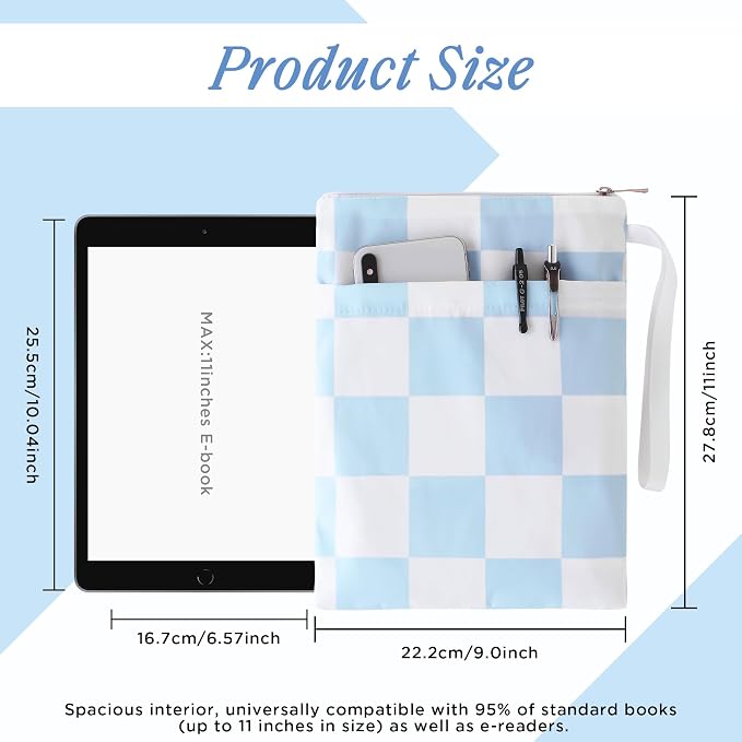Book Sleeve with Zipper, 11''x 9'' Waterproof Paperback Sleeve for Book Lovers Books Pouch Cover with Handle for Hardcovers Kindle Sleeve for Reader Teacher Women (Blue and white grid, 11x 9 inch)