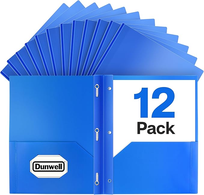 Dunwell Plastic Folders with 3 Prongs, (12 Pack, Blue), 2-Pocket Folders with Fasteners, Durable Acid-Free Poly for Long Term Use, Labels Included