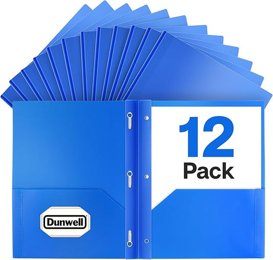 Dunwell Plastic Folders with 3 Prongs, (12 Pack, Blue), 2-Pocket Folders with Fasteners, Durable Acid-Free Poly for Long Term Use, Labels Included