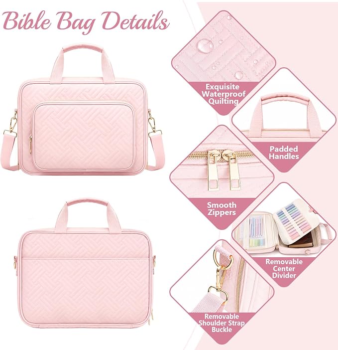 XKDOUS Bible Cover Case for Women, Quilted Large Bible Bag with Shoulder Strap, Bible Study Supplies with Highlighters, Tabs & Journaling Kit, Christian Gifts for Mom & Women (Pink)