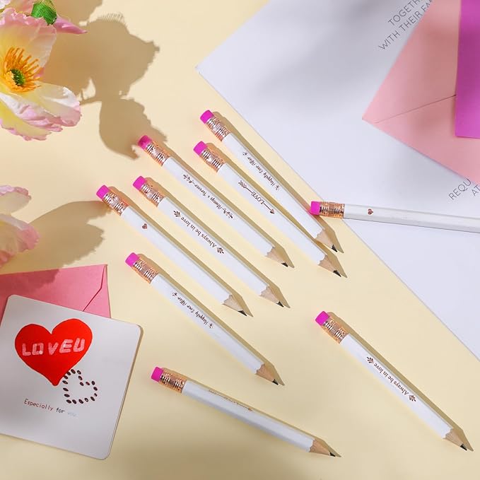 Crtiin 50 Pcs Bridal Shower Pencils Half Golf Wedding Pencils with Eraser 4 Inch Short Pocket Pre Sharpened for Wedding Game Bridal Shower Presents Classroom School(White and Rose Red)