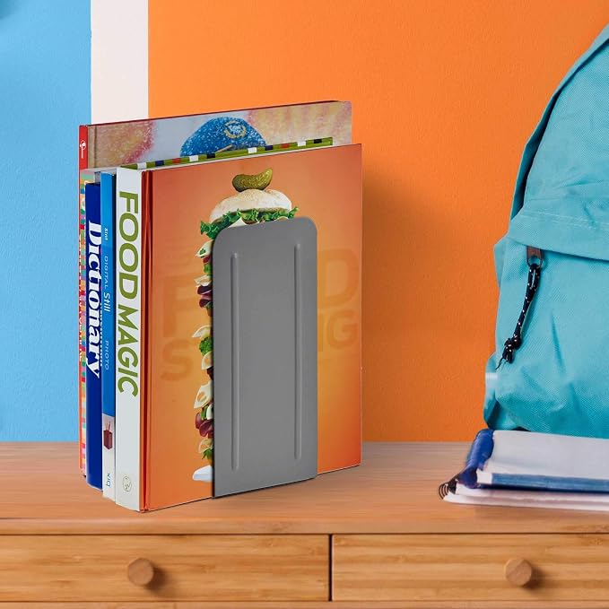 Acrimet Bookends for Shelves, Heavy Duty Steel Metal Book Ends, Non-Skid Book Stopper, Book Storage Holder for Home, Library, Jumbo Large Size 9" H x 4" W x 4 1/2" D, (Silver) (1 Pair / 2 Pieces)