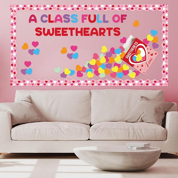 Gueevin 104 Pcs Valentine's Day Love Heart Bulletin Board Set 3D Sweetheart Box with Love Heart Stickers Decorations a Class Full of Sweethearts for Valentine's Office School Classroom Wall Decor