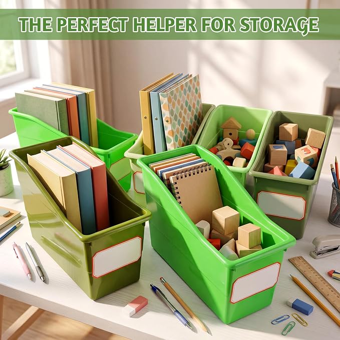 Teling 12 Pcs Book Bins Bulk - Plastic Book Storage Bin with Labels for Classroom Interlocking Magazine Holder Organizer Binder Container Box for School Office Desktop Bookshelf Home (Gradient Green)