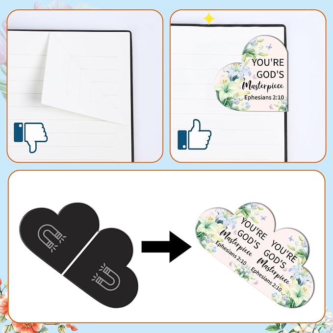 Bible Christian Magnetic Bookmark for Women - Wxiben 30 Pcs Religious Floral Heart Bookmarks Inspirational Flower Book Marks Page Magnets Marker Clip for Women Church Book Lovers Student Teacher Gift