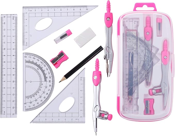 Vobou Math Geometry Kit Sets 10 Piece Student Supplies with Shatterproof Storage Box,Includes Rulers,Protractor,Compass,Eraser,Pencil Sharpener,Lead Refills,Pencil,for Drafting(Pink）