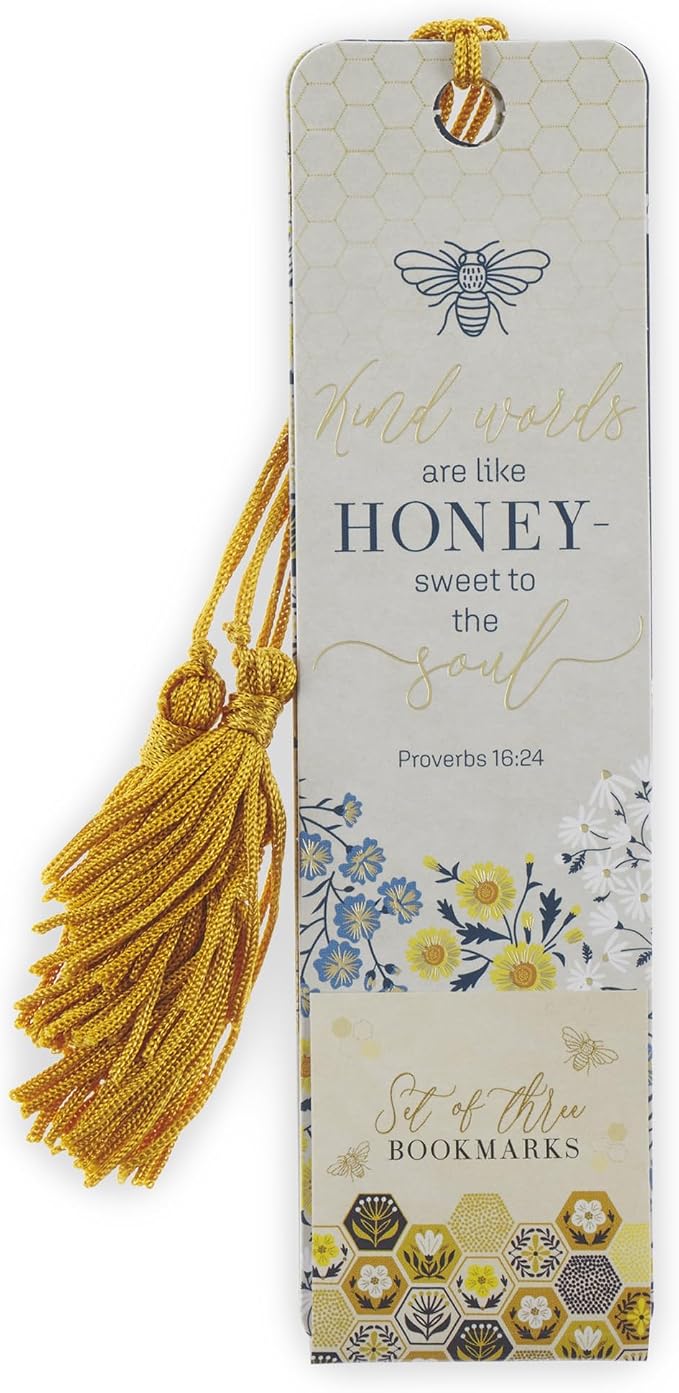 Christian Art Gifts Inspirational 3 Piece Paper Cardstock Scripture Bookmark Set for Women: Kind Words are Like Honey Bible Verse for Reading, Tassels, Bumblebees, Gold/Navy/Yellow Multicolor Floral