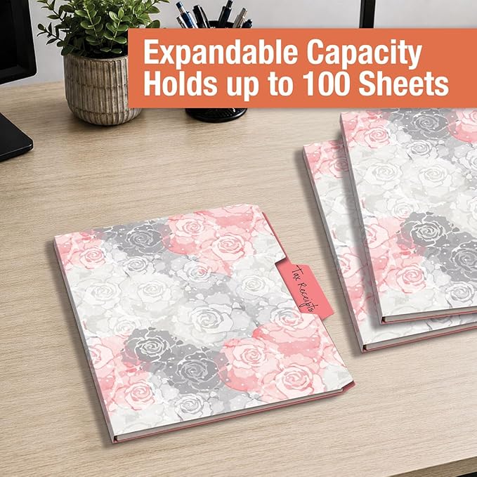 Current Charcoal & Coral File Folders Value Pack - Bulk Set of 24, 6 Pretty Decorative Designs, 1/3 Cut Tabs, Heavy-Duty Paper Stock, Office Supplies for Home & Work, 9-½” x 11-¾” Letter Size