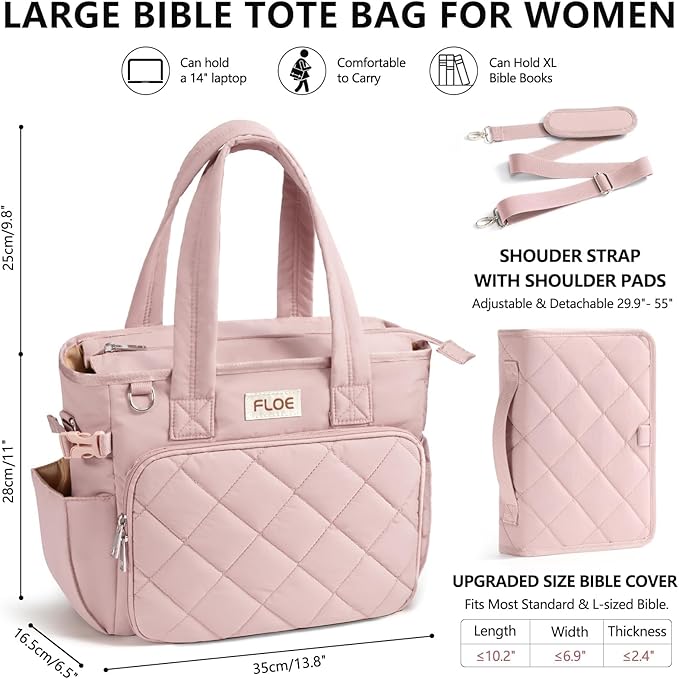 Large Bible Bag w/Bible Cover Case for Women, Puffer Bible Tote Bag Quilted Church Bag Carrying Case w/Shoulder Strap, Bible Study Supplies Journaling Kit Accessories Women Christian Mothers Day Gifts