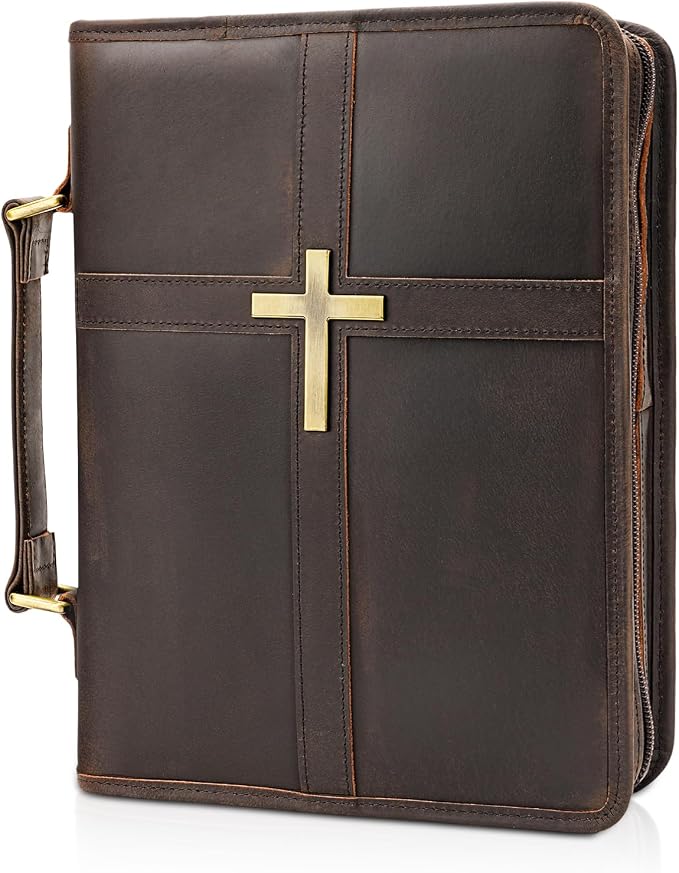 Polare Full Grain Leather Bible Cover with Cross, Christian Bible Carrying Case Organizer for Men & Women, Vintage Church Bible Study Bag with YKK Zipper, Religious Gift (Dark Brown(Metal Cross))