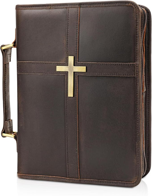 Polare Full Grain Leather Bible Cover with Cross, Christian Bible Carrying Case Organizer for Men & Women, Vintage Church Bible Study Bag with YKK Zipper, Religious Gift (Dark Brown(Metal Cross))