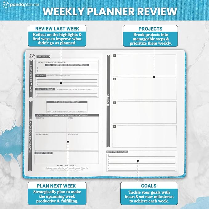 Panda Planner 2026 Undated Daily Planner 90 Day Planner – 3-Month Goal Setting & Productivity Journal – VIA Strength-Based Happiness & Organization Planner – Weekly & Monthly Agenda – 5.75" x 8.25" Hardcover Light Blue