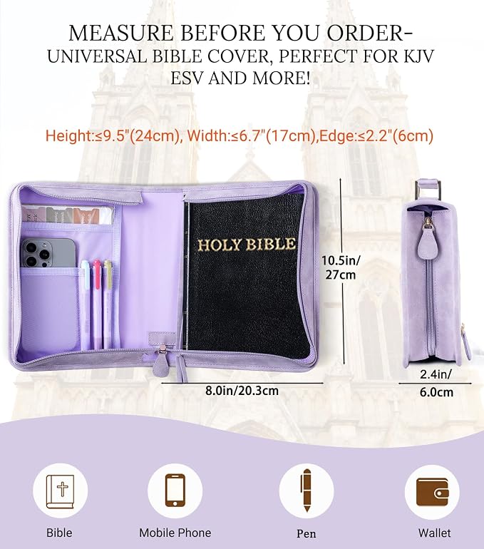 Vegan Leather Bible Cover for Men & Women, Bible Case with Gift Box, Christian Catholic Religious Bible Gifts (Purple)