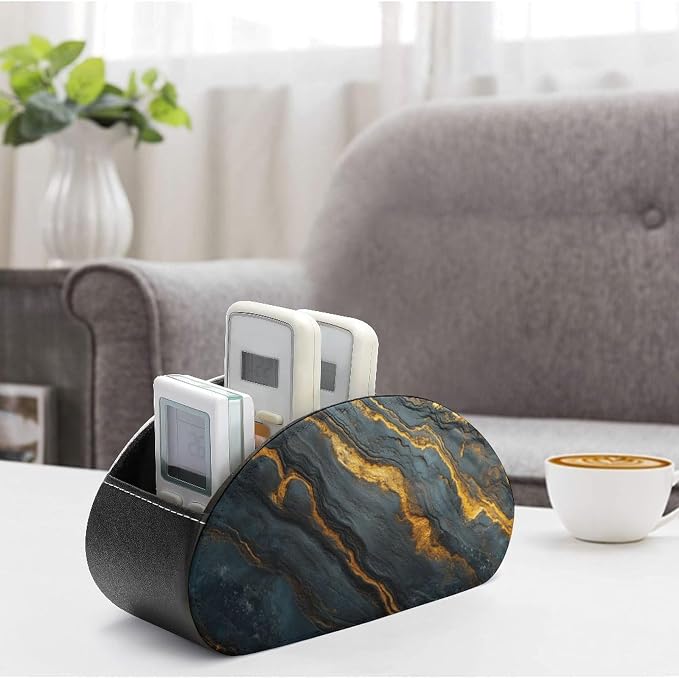 Black Glossy Marble Remote Control Holder with 5 Compartments Leather TV Remote Caddy Remote Storage Box Desktop Organizer for Pen/TV Remotes/Media Controllers/Office Supplies