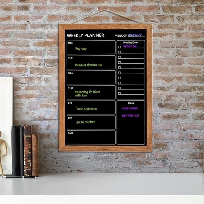Calendar Weekly Chalkboard, 10.6" * 14.6", Magnetic Surface Rustic Brown Solid Pine Wood Frame Black Board for Office, School and Home(ZLHB-QZ-2737)
