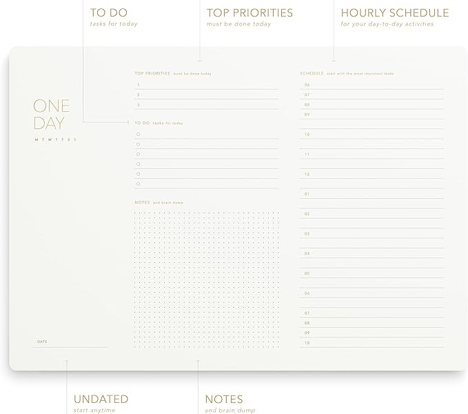 Pinesman - One Day, Elegant Daily Desk Planner, Gold Foiled, Minimalist Productivity Planner Pad, Time Blocking Hourly Schedule, To Do List Notepad, A4, 52 Pages, FSC™ Certified
