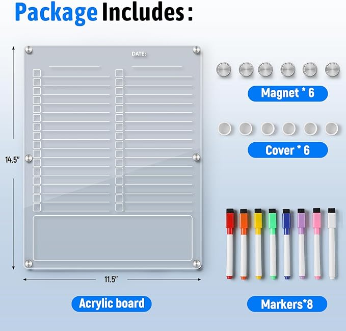 Acrylic Magnetic to Do List Board for Refrigerator, Grocery List Magnet Pad for Fridge with 8 Color Mrakers, Clear Planning Board for Shopping List/Reminders/Events/Meetings-14.5''*11.5''