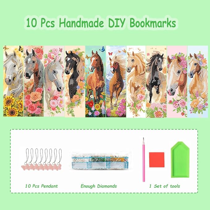10 Pcs 5D Diamond Art Bookmarks for Reading Lovers, Handmade DIY Diamond Painting Book Marks with Tassels for for DIY Making Beginners Adults Arts Craft Supplies (Horse)