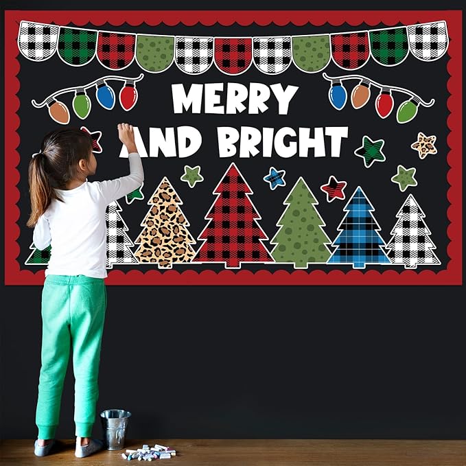 Christmas Classroom Bulletin Board Set Merry and Bright Light Bulb Plaid Xmas Tree Cutouts Retro Christmas Bulletin Board Decorations Xmas Winter Classroom Decor for Home Wall School Party Supplies
