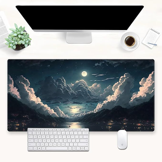 Anime Aesthetic Desk Mat - Large Gaming Mouse Pad XXL (31.5 x 15.7 in) - Extended Full Moon Cloud Keyboard Pad with Stitched Edges, Non-Slip Base for Home Office & Gaming Setup