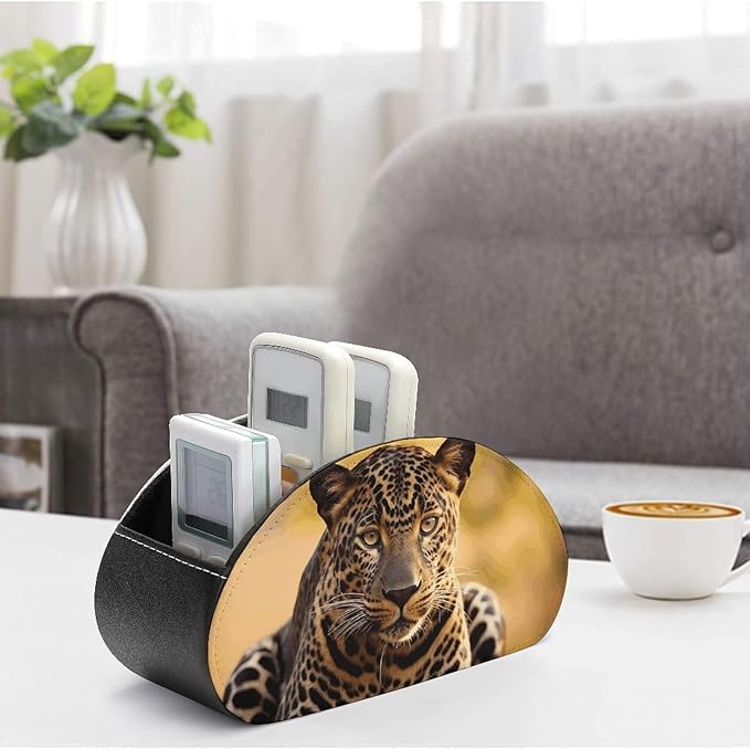 Leather Remote Control Holder with 5 Compartments TV Remote Caddy Storage Box Tray Africa Nature Leopard Desktop Organizer Makeup Brush Holder Store Glasses Brush Pen Office Supplies
