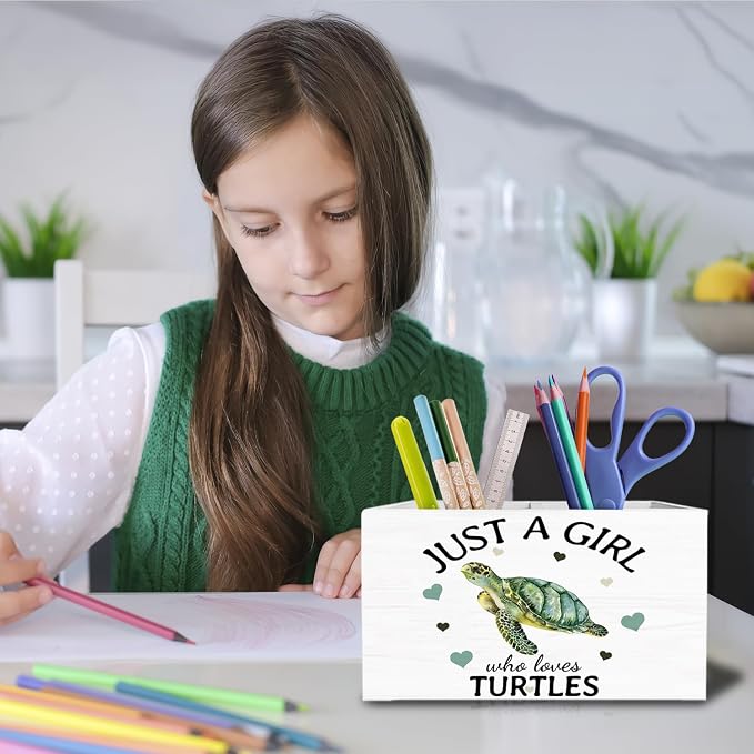 Coastal Beach Sea Turtle Pen Holder for Desk, Gifts for Turtle Lovers Pencil Organizer, Just a Girl Who Loves Turtles Wooden Box Sign Desk Decor for Home Office Decoration