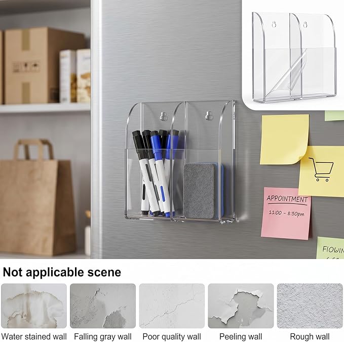 2-Compartment Remote Control Holders Wall Mount, Transparent Wall Pen Holder Wall Mount Storage Box Organizer Remote Holder for Home Office, Includes Adhesive & Screws