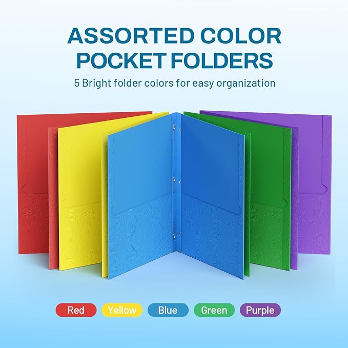SUNEE 2 Pocket Folders with Prongs (100 Pack, 5 Colors), Paper Folders with 2 Pockets and 3 Prongs Fit Letter Size Paper, Folders with Prongs for School Office Home Business