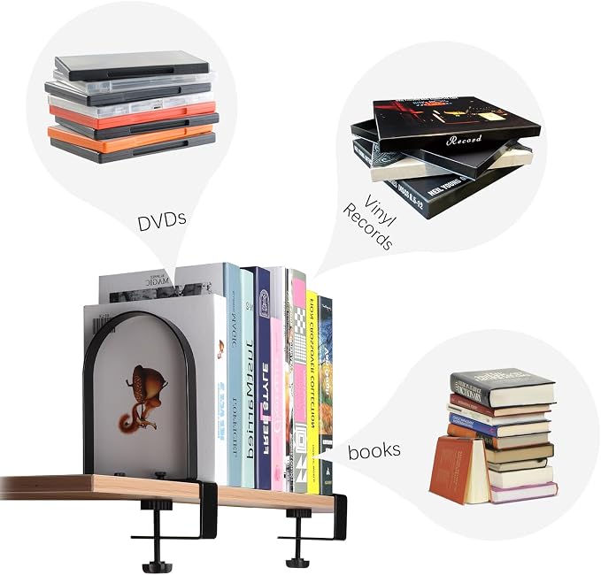 WOMACO Book Ends for Heavy Books, Heavy Duty Bookend for Shelves, Super Steady Clamp-On Non-Skid Metal Book Shelves Holders Stoppers for CDs, Vinyl Records (Black, 1 Pair)