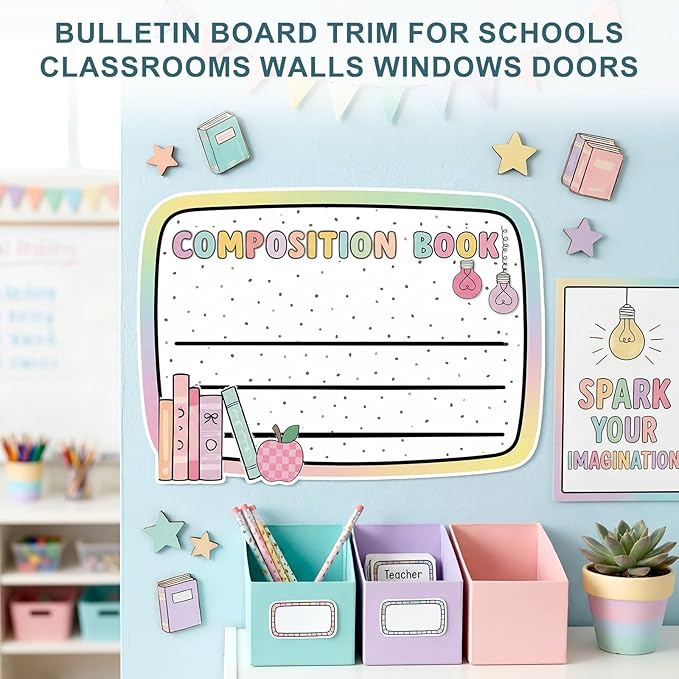 Gueevin 4 Pcs Large 23 * 16.5 inch Composition Book Cutouts Composition Notebook Bulletin Board Trim for Classroom Door First Day of School Wall Windows Porch Sign(Pastel)