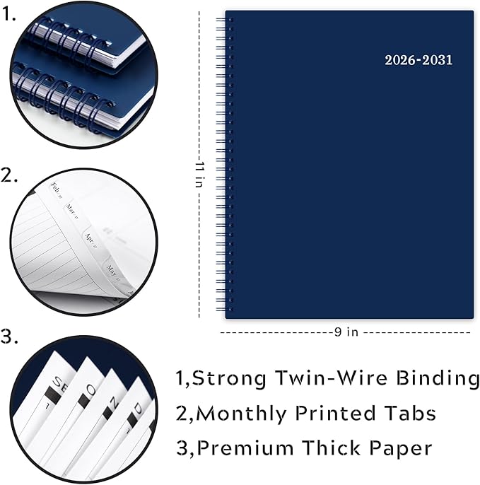 2026-2031 Monthly Planner/Monthly Calendar - 5 Year Monthly Planner from Jul.2026 - Jun.2031, 60 Month Planners, 9" x 11", Monthly Calendar 2026-2031 with Tabs + Double-Side Pocket + Durable Polypropylene Cover - Navy Blue