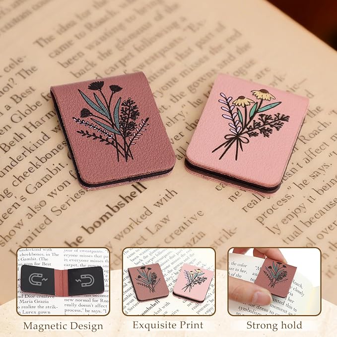 Hsei 6 Pcs Magnetic Leather Bookmark Floral Magnet Leather Book Marker Clips Accessory Women Flower Cute Reading Gifts for Bookworm Lovers Mother's Day Birthday Teacher's Appreciation Gift(Retro)