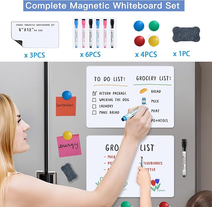 Magnetic Fridge Whiteboard Set: Dry Erase White Board, Magnets (Bonus), Markers & Erasers (3-Pack, 12 X 8 Inch)