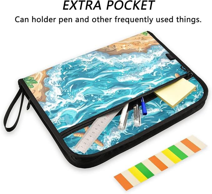 Ocean Sea Coast File Folders,Plastic Folders with 13 Pockets,Expandable File Folder for Documents School Students Office,Aesthetic Folder with Labels A4 Letter Size