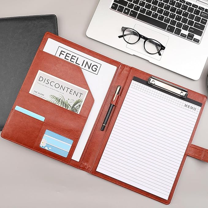 VANRA Padfolio Clipboard Folder Leather Portfolio Binder Organizer Interview Resume Folder for Papers Legal Document A4 Letter Size Writing Pad Notepad Clip Boards with Business Card Holder (Brown)