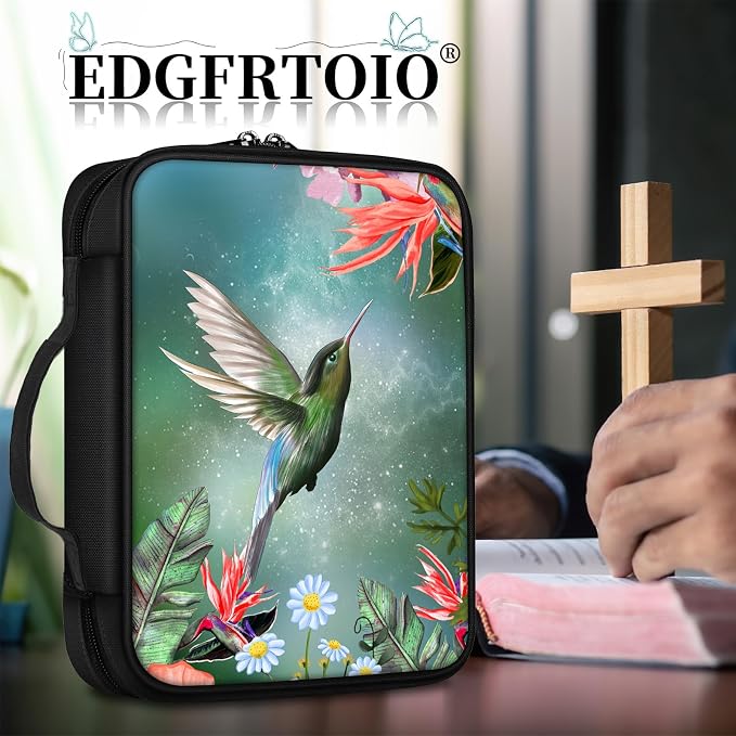 Bible Cover, Hummingbird Pink Flowers Bible Case with Handle and Zippered Pocket Standard Size Holy Bible Bag Women Gifts, Church Bag Portable Bible Carrying Book Case for Bible Study