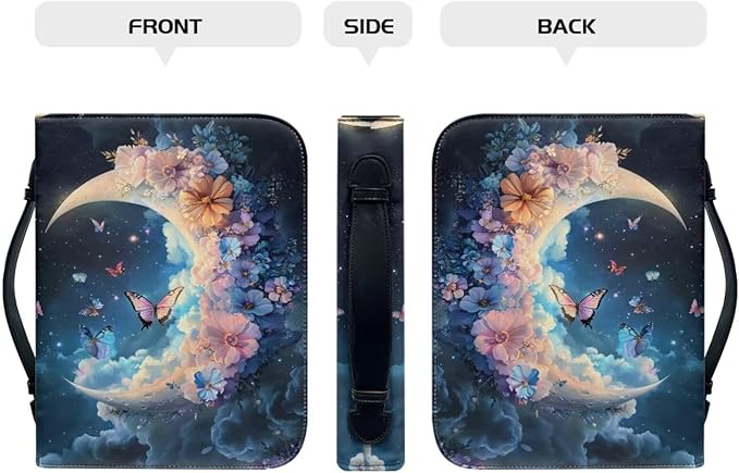 Cute Butterfly Bible Cover Case for Women Moon & Flower Bible Book Carrying Case with Handle Fits for Standard Size Bible Accessories-Size L