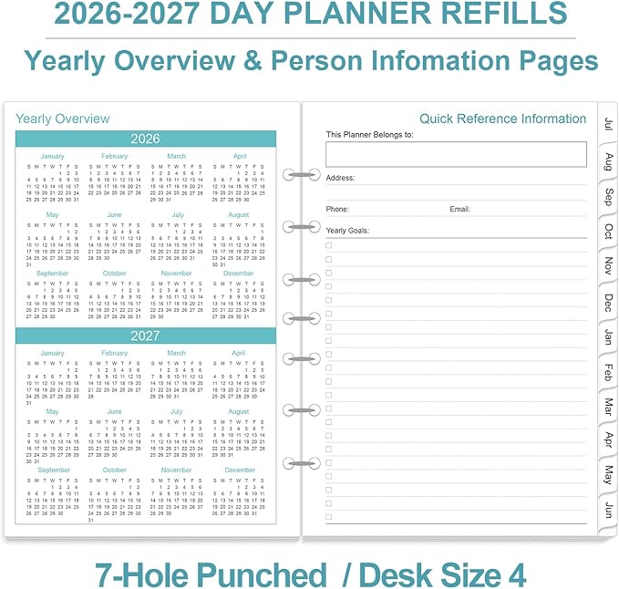 2026-2027 Planner Refills - One Page Per Day Daily ＆ Monthly Planner, July 2026-June 2027, 7-Hole Punched，Prioritized, To-Do List, Notes, Appointment Schedule, Desk Size 4, 5.8" x 8.3"