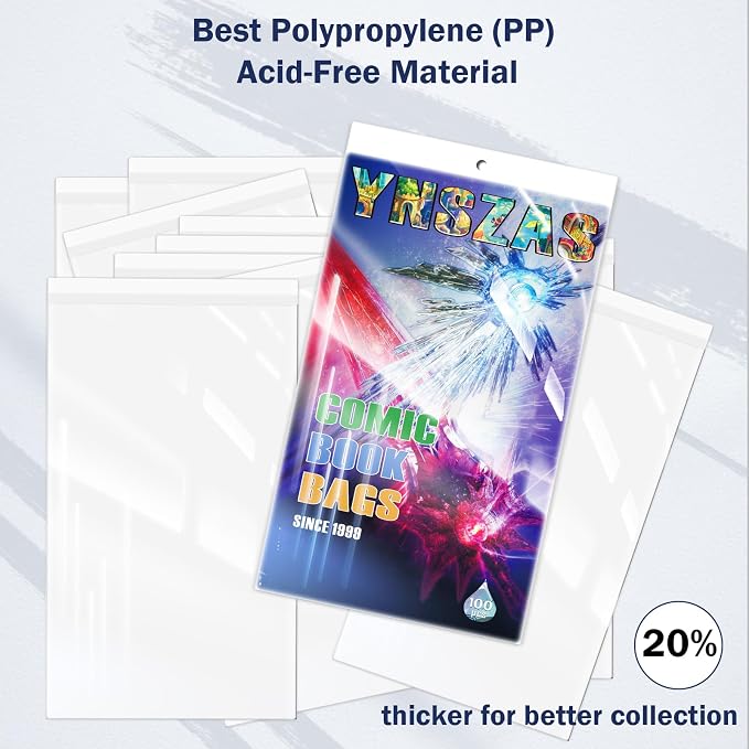 Comic Book Sleeves, Upgrade Polypropylene(PP) Acid-Free Materials,Resealable Crystal Clear Comic Book Storage Boards Bags,20% Thicker Better Comic Collection Display,7.625 x 10.5 Inch,200-Count