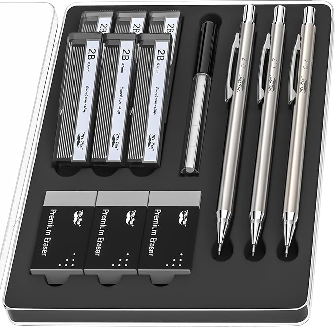 Mr. Pen- 0.7mm Metal Mechanical Pencil Set with Lead Refills & Erasers, 3 Pack, 6x Tubes 2B Lead Refill, 3x Erasers for School Supplies, Note Taking, Drawing, Sketching