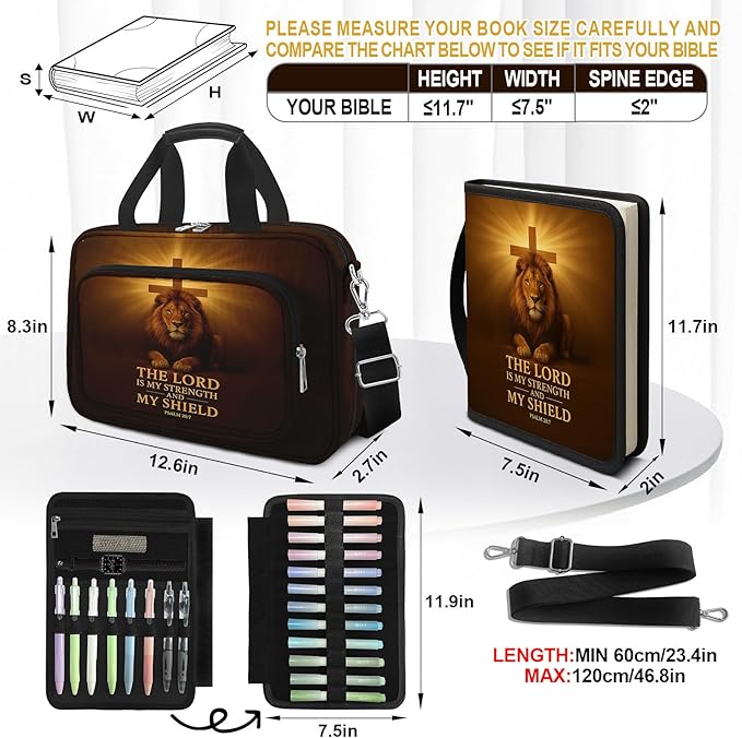 Lion Cross Bible Cover Case for Mens, Large Bible Carrying Book Case Church Bag with Strap & Handle Zipper Pocket, Bible Study Supplies Journaling Kit, Highlighters Tabs Pens Cross Clips