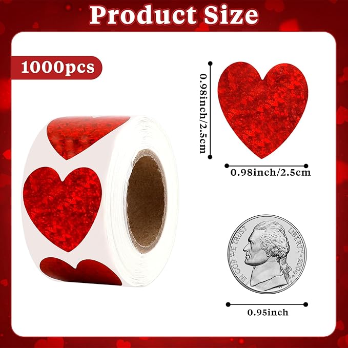 Heart Stickers, 1000Pcs Glitter Red Heart Stickers, 1" Shiny Self Adhesive Foil Red Love Decorative Labels for Valentine's Day, Wedding, Anniversaries, Mother's Day, Award Classroom Supplies